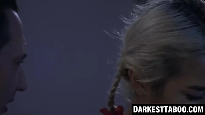 Petite blonde devours Tommy Pistol's big dick and plays with his balls