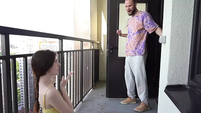 Tight pussy girl caught and seduced in front of the elevator