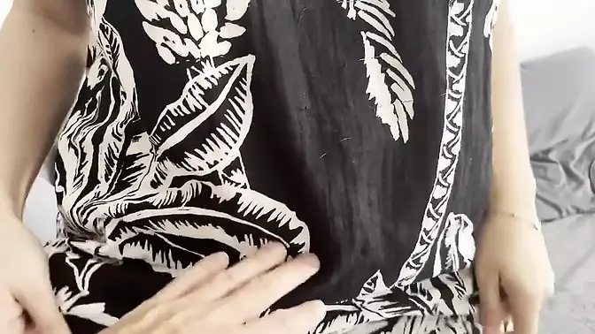 Naughty girl shows off huge cock under her dress