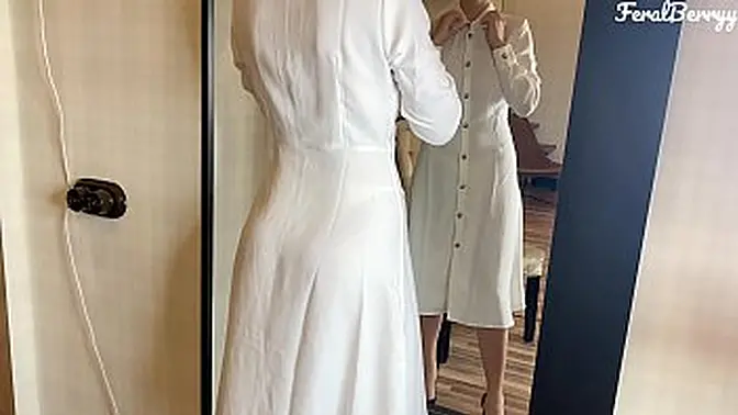 Cute Russian girl in white dress wanks herself after work