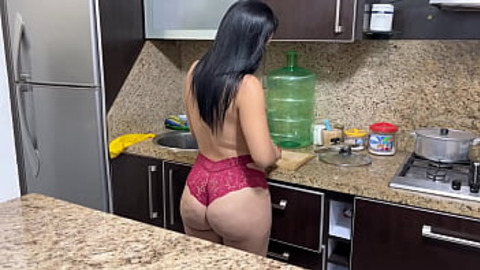 My Stepson Got a Boner When He Saw my Ass in the Kitchen and Doesn't Want to Go - My Beautiful Stepmom Cooking in Bikini