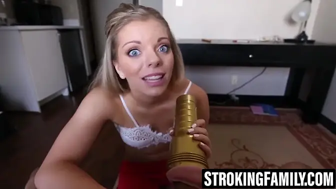 Blonde teen Trisha Parks wanks big dick until it explodes