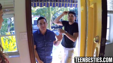 Blonde duo rocking gift-wrapped cocks before doggy style