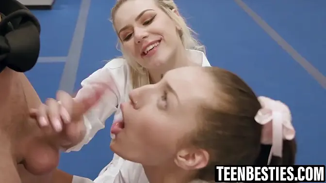 Blonde BFFs take turns on big rod after workout
