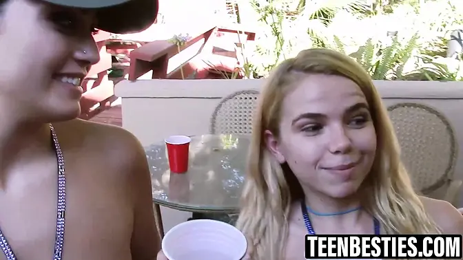 Blonde & brunette teen besties lick each other's pussy during a lesbian threesome