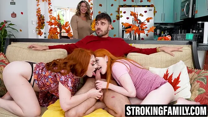 Petite redhead teens in a taboo family threesome