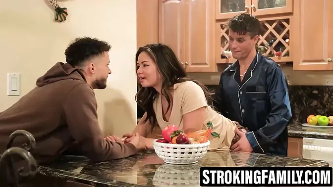 Stepbrothers double-team brunette's pussy and tits