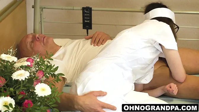 Teen nurse Sara Bell deepthroats and jacks off old man's thick cock