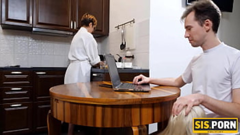 Woman is cleaning house while stepson is fucking stepsister