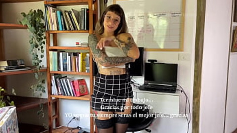 Horny secretary roleplay in miniskirt, gets horny, sucks and fucks him while talking dirty