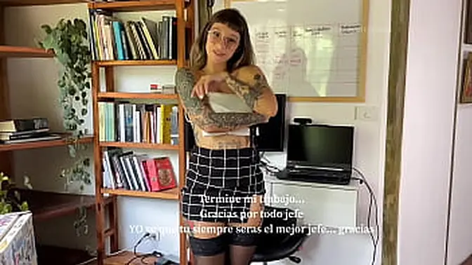 Secretary in miniskirt gets horny, sucks and fucks him