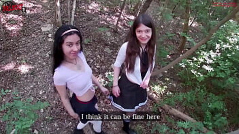 Outdoor threesome sex with 2 starnger teen girls