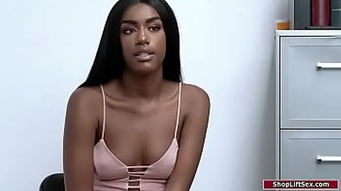 Ebony gets caught licking ice cream She strips and offers the guard to suck his cock to evade jail He fingers her pussy and then she rides his dick