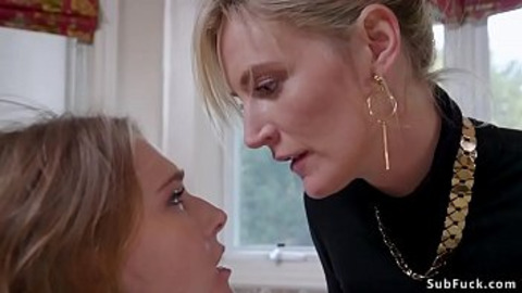 Blonde MILF Mona Wales teases stepsister Ashley Lane in bathroom, then they tempt lawyer Tommy Pistol for a bdsm threesome