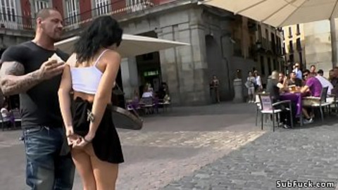 Spanish slut Pamela Sanchez is bound and d. down the Madrid streets then in crowded bar throat and pussy rough banged for crowd