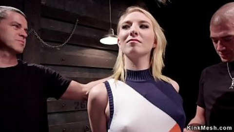 Masochistic blonde slave pussy banged by two slave coach masters