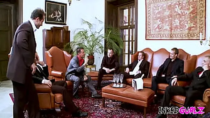 Blonde and brunette tattooed gals get double penetrated at anniversary party