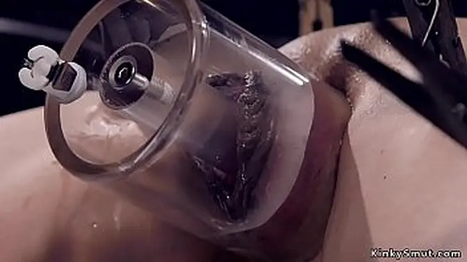 Brunette slave takes whipping, device bondage, and fucking in the dungeon