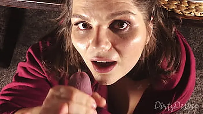 Chubby brunette BBW gives sloppy blowjob under the table