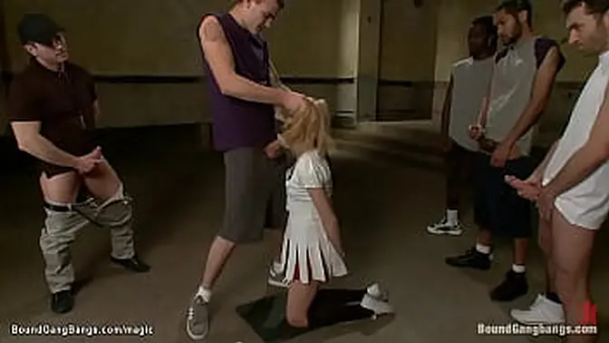 Blonde cheerleader Emma Haize is blindfolded and bound on knees and throat fucked then suspended double penetration interracial fucked by big dicks