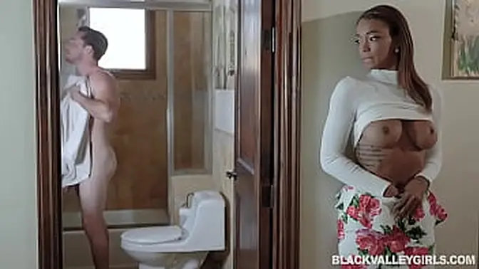 Ebony babe gets caught spying, then gets fucked hard