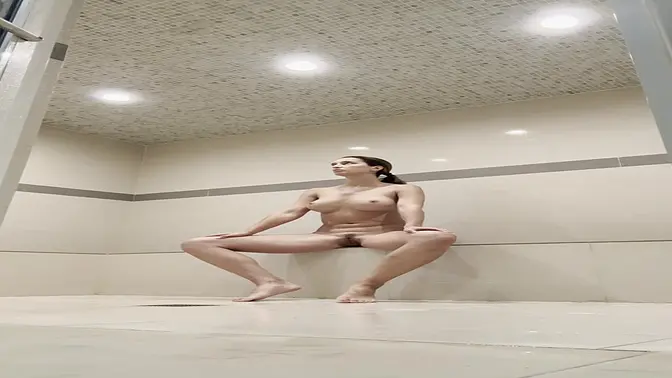 Spreading my legs in a public sauna