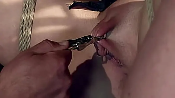 Bound submissive takes on her Master's huge thick dick