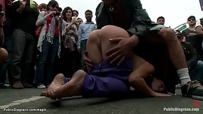 Princess Donna Dolore spanks and canes submissive slave Audrey Rose at Folsom Street Fair then makes her gangbang fuck in public gallery