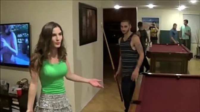 Little girlfriend gets fucked at party by big boyfriend and others