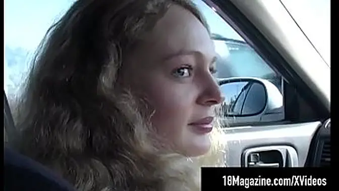 Curvy Russian blonde hitchhiker gives a blowjob in the car