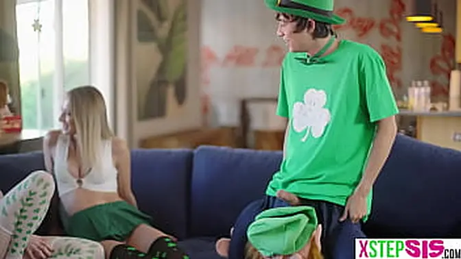 Two lucky teens give a leprechaun a double blowjob and ride his cock