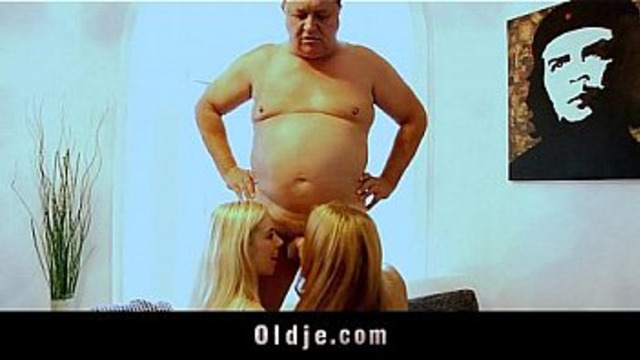 Fat old man rimmed and sucked by two blonde teens