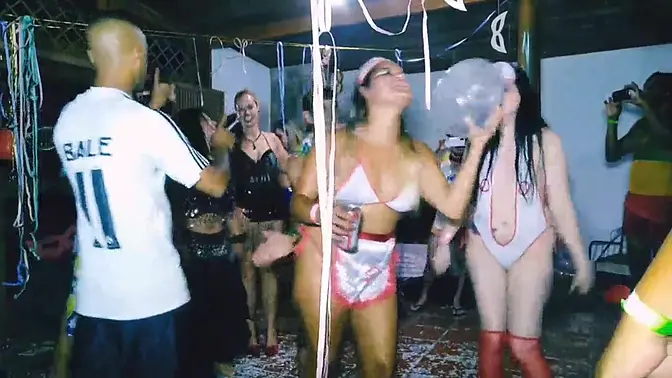 Big cock and big tits in wild Carnaval-themed amateur orgy