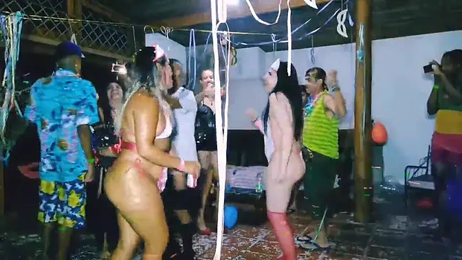Big cock and big tits in wild Carnaval-themed amateur orgy