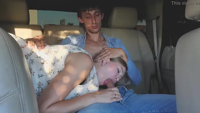 Blonde babe sucks cock in the car after a lost bet