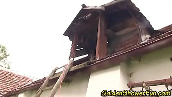 Glam babe gets golden shower in a vintage mini skirt