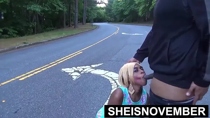 Scary Outdoors POV Blowjob By Big Butt Young Busty Black Geek Sheisnovember Give Horny Old Man Risky Oral Sex In The Road &mdash;  Booty And Asshole Spread Lifted &mdash;  Anus Winking While Crawling On Ground With Curvy Brown Hips Exposed By Msnovember