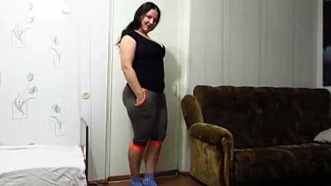 A mature BBW strips and fucks with a dildo on the floor —  on a chair —  and on a table  Milf shakes big natural tits and masturbates her shaved cunt  Amateur 