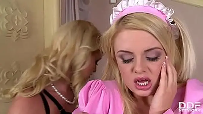 Euro maid gets her big tits played with in lesbian anal action