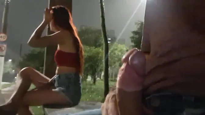 Redhead shocked by public masturbation and bukkake