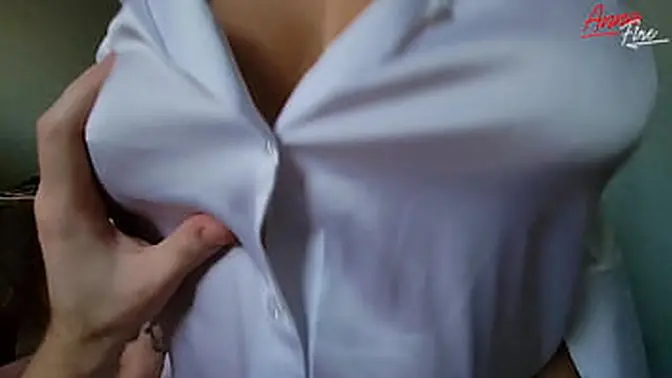 Curvy MILF in white blouse makes boyfriend cum
