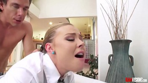 Watch hot teen blonde Nicole Clitman suck a huge cock, giving perfect blowjob. She then takes the big cock in her pussy, and a vibrator in her ass, for some hot double penetration