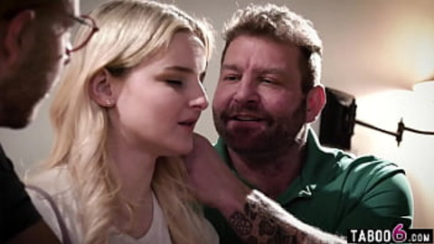 Cute blonde teen gets her tight pussy double stuffed by two dirty neighbors