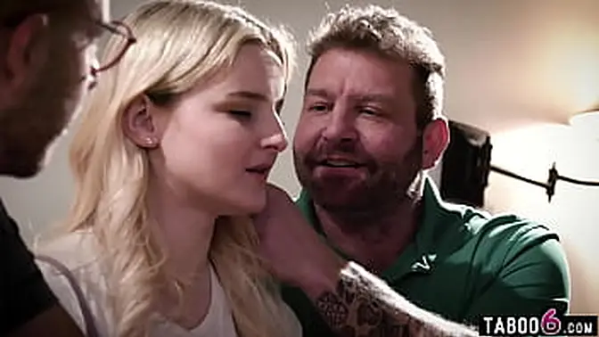 Blonde teen gets double stuffed by neighbors in threesome