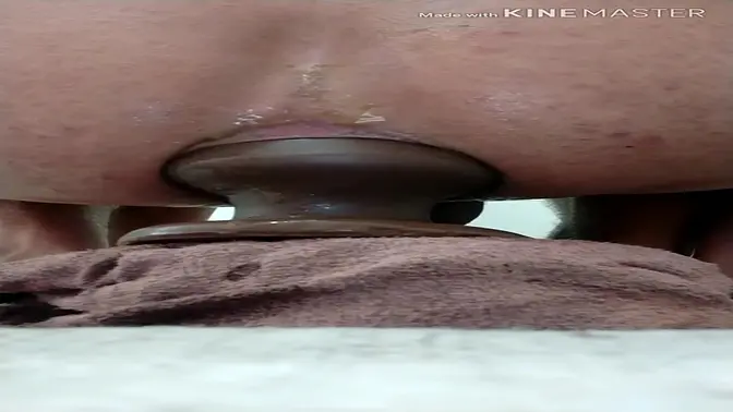 Ass stretched with plug before DP with two big dildos