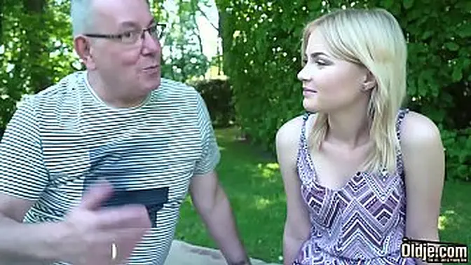 Young blonde gives deepthroat blowjob to old man
