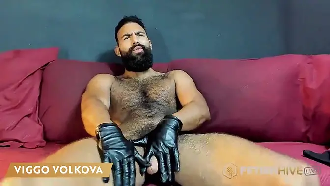 Hairy Stud Edges and Masturbates with Vibrator in Leather Gloves