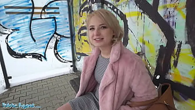 Public Agent amateur college teen with short hair chatted up at busstop before taking money to suck a big cock in a basement and getting her tight shaved pussy penetrated by huge dick and sucking cum into her pretty mouth