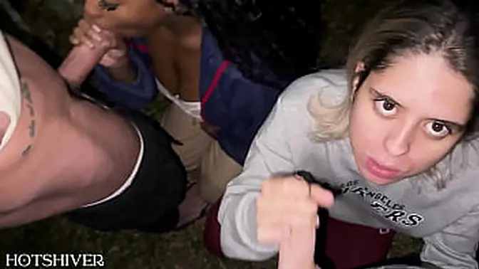 Young Latina with huge ass and perfect tits takes two cocks in her mouth