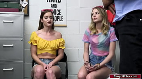 2 babes get caught stealing so they seduce the black officer to avoid cops.They give him a double bj and he takes turns fucking their shaved cunts